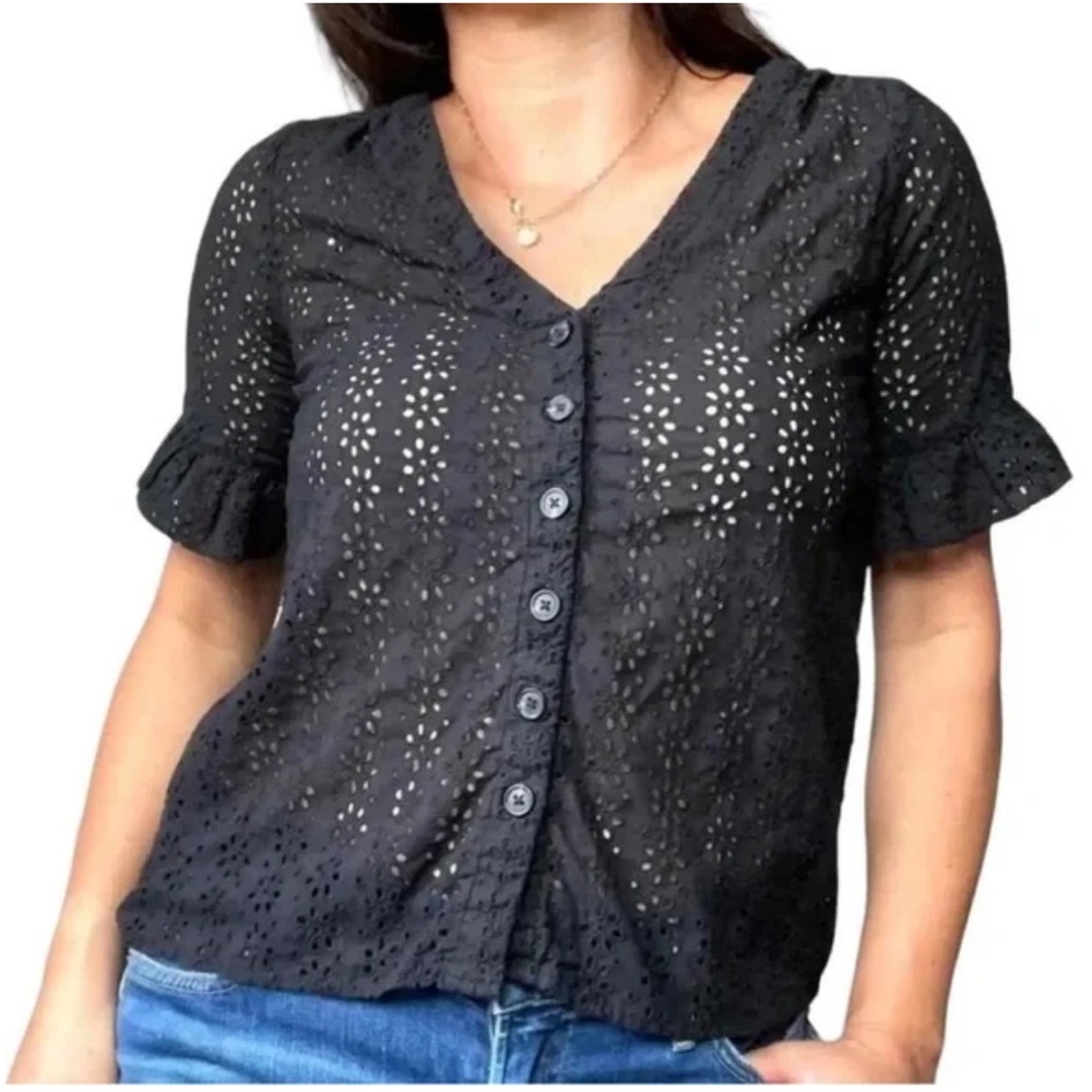 Madewell Black Village Eyelet Ruffle Sleeve Blouse